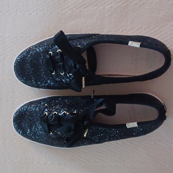 Kate Spade New York x Keds sz 6/36 Black Glitter Low-Top Ribbon Lace-up Sneakers - Picture 2 of 6